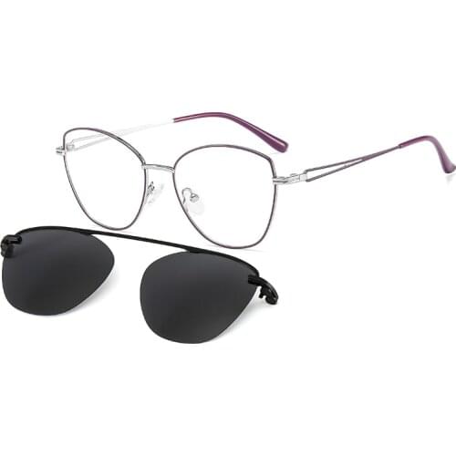 KANSEPT Women Metal Cat Eye 2 In 1 Magnet Polarized Clip On Glasses Frame Optical Prescription Eyeglasses Frame For Women