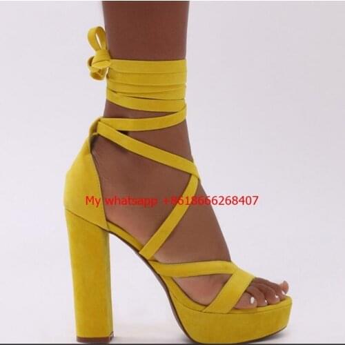 Stella Lace Up Heels in Yellow Cross Bandage High Heels Sandals Women Pumps Thin Heel Ruffle Lace-Up Summer Shoes Fashion pumps