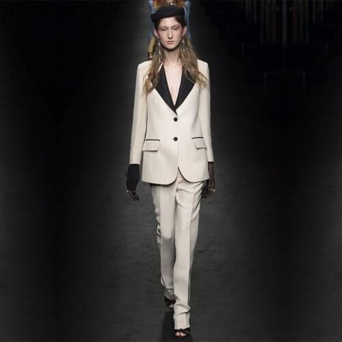 New fashion Ivory slim fit womens business suits black lapel female trouser suits ladies office uniform elegant pant suits