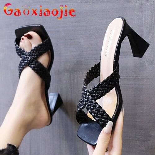 High Heels Weave Vamp New Outdoor Walking Womens Shoes 2021 Summer Square Toe Hollow Out Slippers 7.5CM Elegant Party Sandals