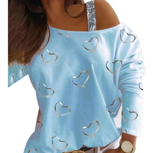 Women Blouse Long Sleeve Heart Shape Print Gold Stamping Shiny Sequins One Shoulder T-shirt Pullover for Spring Womens Clothing