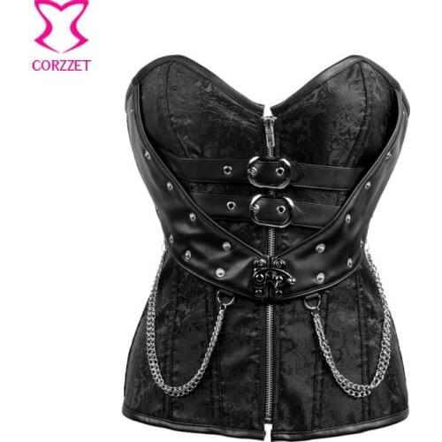 Steampunk Burlesque Black Faux Leather Chain Rivet Zipper Buttom Overbust Corset Top Sexy Punk Bustier Gothic Korsett For Women