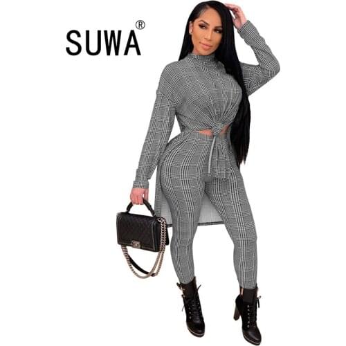 Printed Vintage Two Piece Set Women Autumn Tracksuit Long Sleeve Side Split Loose Tops and Stretch Pant Co-ord Sets Wholesale