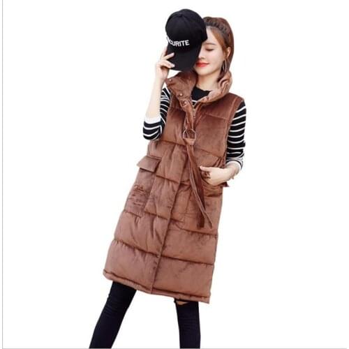New Sweet Autumn Winter Women Medium-Long Vest 2018 Pleuche Down Cotton Vest Stand-Collar Button Loose Waistcoat Hot Sale Q636