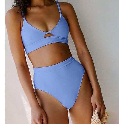 Womens Fashion Solid Color Bikini 2021 Mujer Halter Sexy Hollow Out High Waist Split Bikini set Swimsuit Swimming Suit Tankini