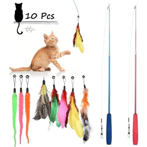 10 Pc Funny Cat Stick Bell Ball Feather Toys Pet Multi Feather Teaser & Exerciser for Kitten Cat Toy Interactive Cat Wand