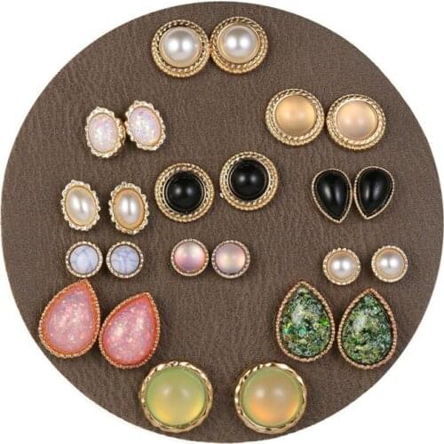 12Pairs/Lot Korean Fashion Opal Stud Earrings Set For Women Classic Pearl Ear Studs Stone Mixed Jewelry