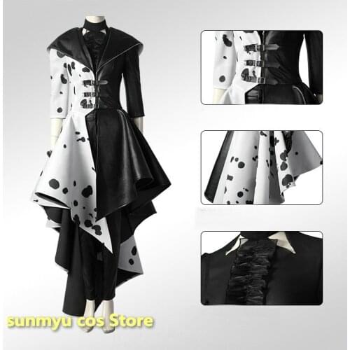 2021 Cruella Costume Cosplay Evil Queen Black White Coat Evening Party Dress Fashion Emma Magic Performance Oufit Halloween