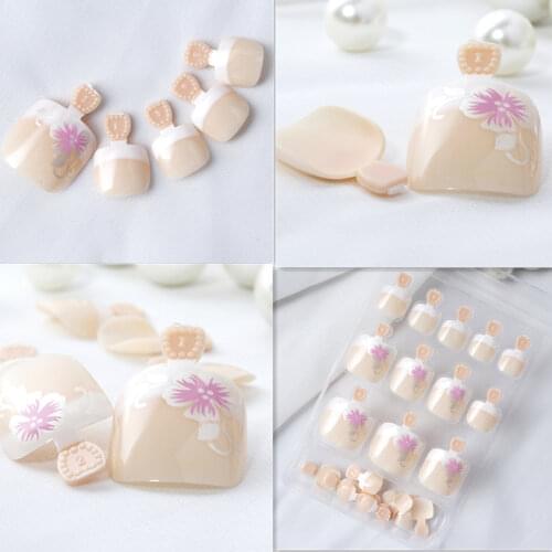 24pcs False Toe Nail Tips Full Cover French Fake Nails Medium Pre-designed Summer Flower Toe Artificial Nail Art