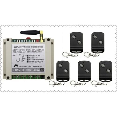 AC220V 250V 380V 30A 2CH RF Wireless Remote Control Switch 5Transmitter with Two-button Receiver for Appliances Gate Garage Door