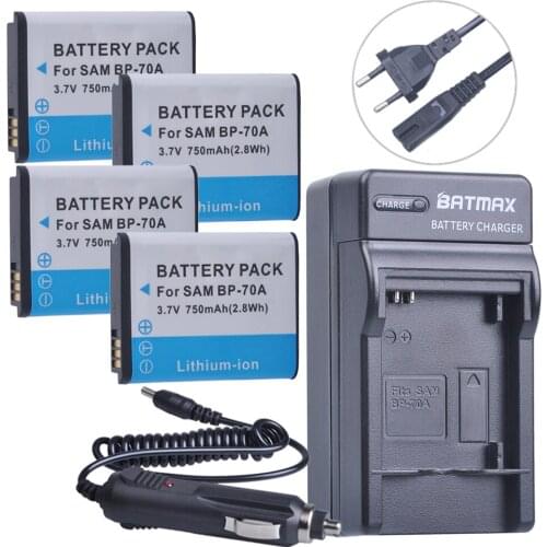 4Pc 750mAh BP 70A BP-70A Camera Batteries + AC Car Charger Plug for Samsung SL630 WP10 TL205 ES78 ES80 ES81 ES90 ES91 PL100