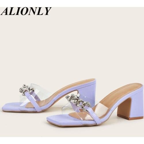 ALIONLY Fashionable Transparent Plastic Metal Rhinestone Chain Decoration High-Heel Sandals for Women 2021 All-Match Sandals