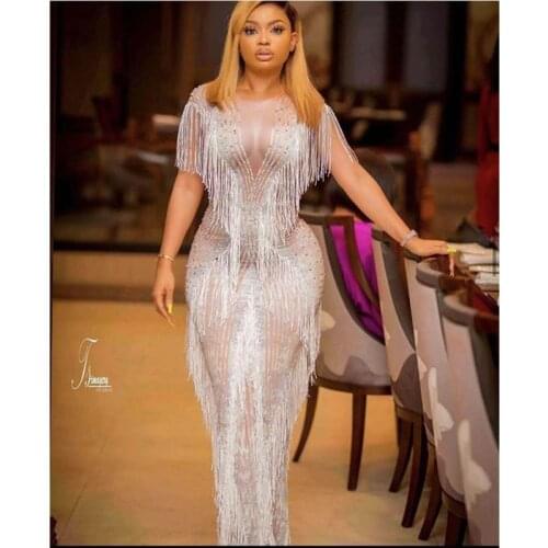 White Tassels Rhinestones Long Dress Womens Birthday Celebrate Dress Evening Party Wear Stage Female Singer Stretch Dress