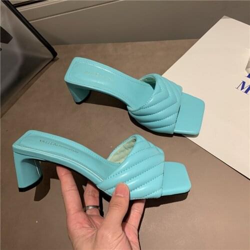 Fashion Elegant Womens Slippers High Quality Solid Cozy Genuine Leather Square Toe Sandals Femme Low Heel Party Dress shoes