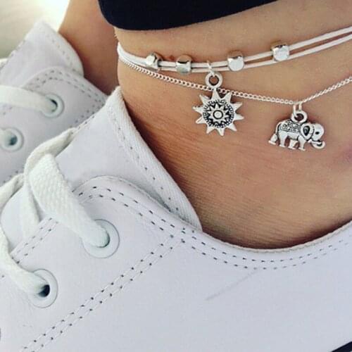 Sun Elephant Anklets Ankle Bracelet Women Antique Silver Color Pendent Beads Charms Multiple Layer Link Chain Beach Foot Jewelry