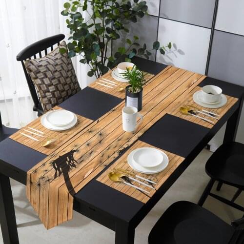 Black Dandelion Wood Grain Table Runner Placemats Set for Home Kitchen Dining Table Wedding Party Holiday Dinner Decoration