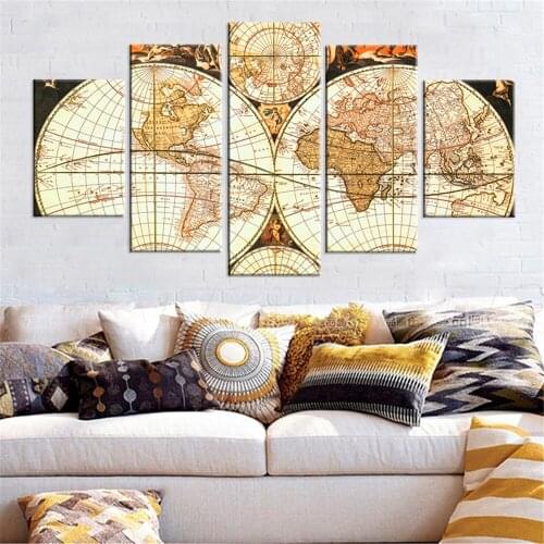 Unframed 5 Pieces Canvas Painting World Map Oil Picture Canvas Poster Print Home Decor Wall Art Modular Painting for Living Room