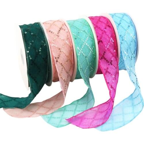5 yards 25mm Rhombus Sequin Organza Ribbon DIY Craft Clothing Accessories Gift Wrap Decoration Yarn Ribbons