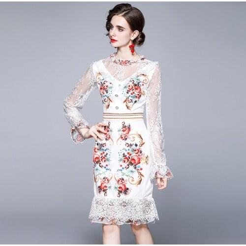 Fashion Runway Summer Dress Womens O-Neck Vintage White Lace Patchwork Bodycon Sexy Mermaid Party Dress K9112