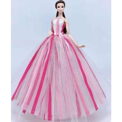 Fashion White Pink Striped Wedding Dress for Barbie Doll Clothes 1/6 Accessories Princess Party Gown Vestido Dollhouse Toys Gift