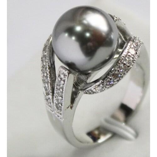 2017 New Style Gray 12MM Bead -color Inlay CZ South Sea Shell Pearl Gift Fashion Rings For Women