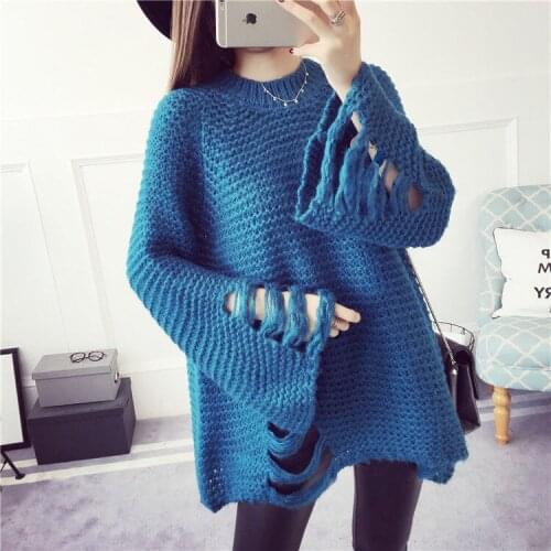 New medium and long ragged irregular sweater female Pullover loose sweater student coat