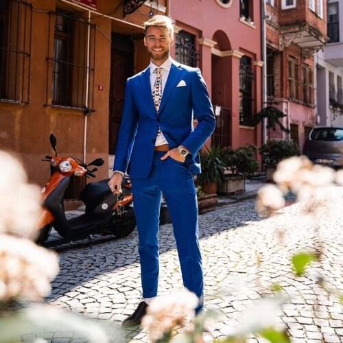 Royal Blue Slim Fit Mens Suit Notched Lapel For Wedding Blazers Custom Made Male Tuxedos Groom Wear Prom Jackets With Pants