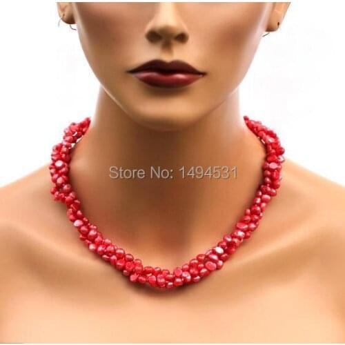 Wholesale Pearl Jewelry - 3 Rows Red And Bold Natural Freshwater Pearl Necklace Earrings- Handmade Jewelry Set - Free Shipping