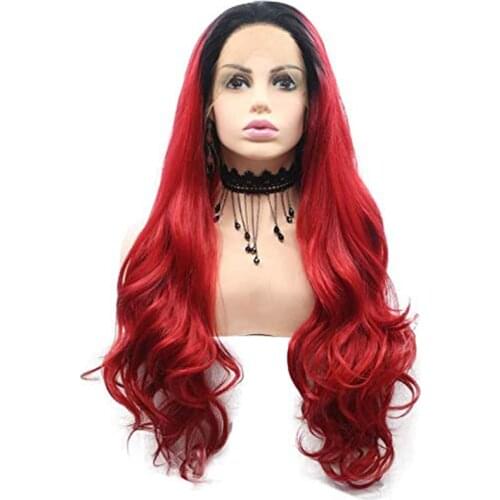 99j Wig Red Body Wave Synthetic Lace Front Wigs Black Ombre Curly Frontal Burgundy Cosplay HD Transparent Hair For Black Women