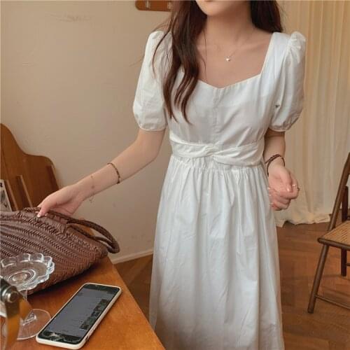 2021 New Women Summer Vintage Bandage White Long Dress Square Collar Slim Waist Ball Gown A-line Pullover Sundress
