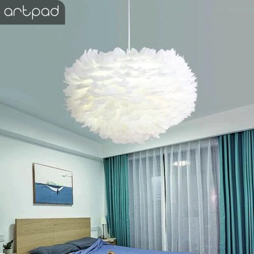 Artpad White Feather Pendant Light With E27 Bulb Included Living Room Bedroom Wedding Hanging decor Droplight Home Lighting