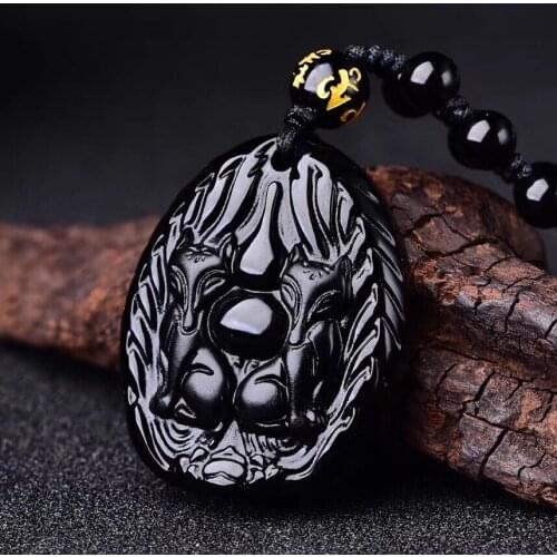 Natural Obsidian Animal Jade Pendant Beads Necklace Charm Jewellery Fashion Accessories Hand-Carved Man Amulet Gifts