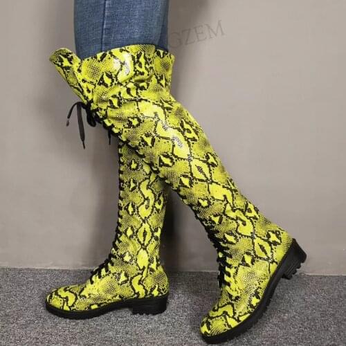 BERZIMER Women Knee High Boots Low Heels Round Toe Handmade Wide Calf Friendly Lace Up Casual Shoes Woman Big Size 37 39 41 42