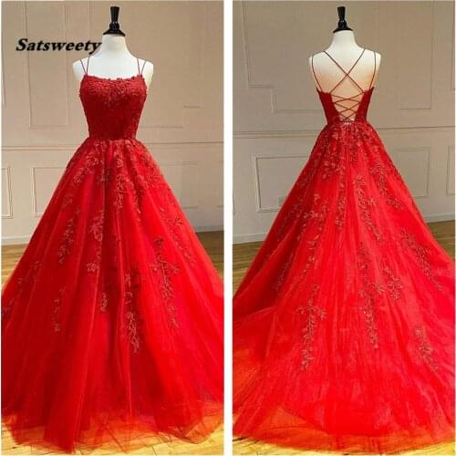 Satsweety Tulle Red Evening Dresses Long Lace Ball Gown with Rhinestones Appliques Prom Gowns Corset Lace Up Back Formal Dress