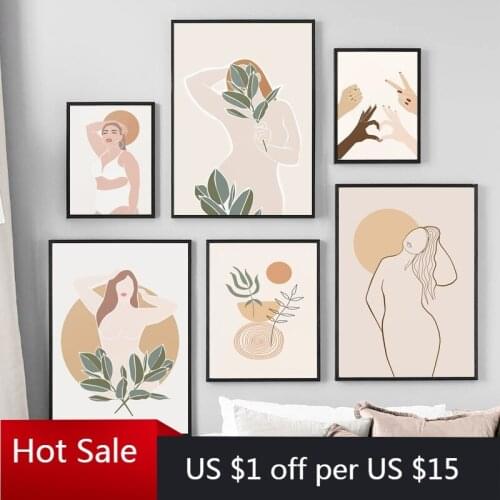 Nordic Abstract Plant Leaf Busty Woman Nude Wall Decor Art Canvas Painting Prints Boho Pictures For Posters Aesthetic Room Decor