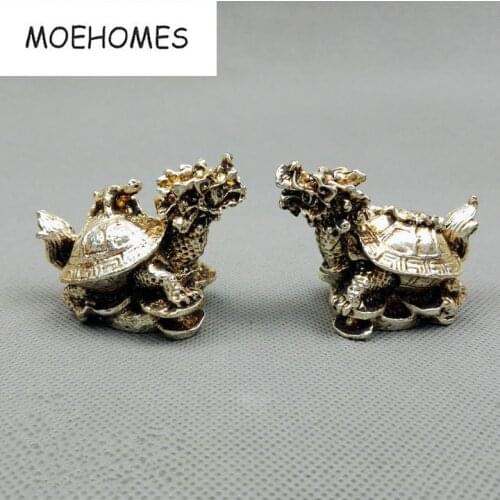 1 par de figuras talladas miao plata dragón tortuga fengshui longevity estatuas decoración del hogar artesanía de metal
