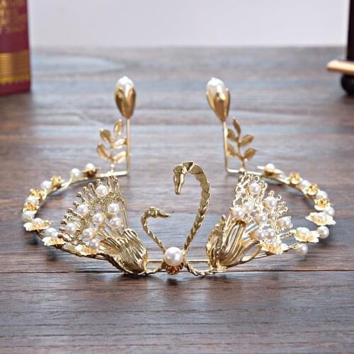 Wedding Decoration New Birthday Cake Swan Crown Decoration Wedding Accessories Golden Cake Bride Crown Pearl Hair Accessories