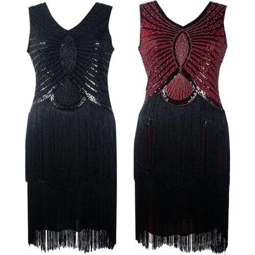 Summer Vintage Tassel A-line Sleeveless Knee-length V-neck Slim Was Thin White Black Winered Beige Party Sequin Dress 9968