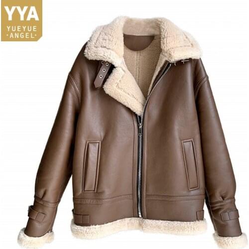 2021 Winter New Womens Fashion Biker Jackets Office Lady Turn-Down Collar Vintage Zippers Pockets Casual Korean Style Outerwear