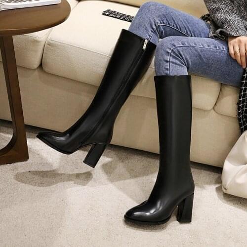 Ladies Patent Leather Knee Boots Fashion All-Match Square Heel Boots Ladies Round Toe Zipper Large Size Womens Shoes