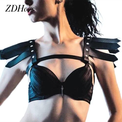 Womens Leather Body Chest Harness Cage Bra Choker Belts Body Costume with Rave Pasties for Rave Music Festival Roleplay Clubwear