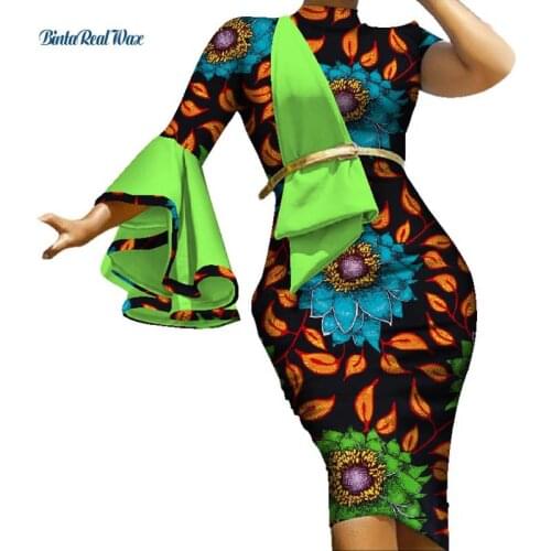 Stock Size 2XL 1Pcs Ruffles Sleeve Draped Straight Dress African Print Dresses for Women African Design Clothing WY3439