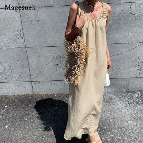 Summer Dress for Women Vintage 2021 Women Vest Casual Loose Waist Maxi Dress O-neck Solid Cotton Sleeveless Dress Vestidos 14999