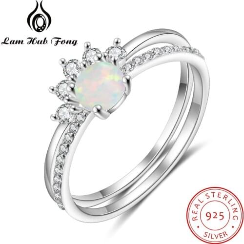 2 Pcs/Set 925 Sterling Silver Stackable Opal Ring Clear CZ Finger Rings for Women Wedding Band Silver 925 Jewelry (Lam Hub Fong)