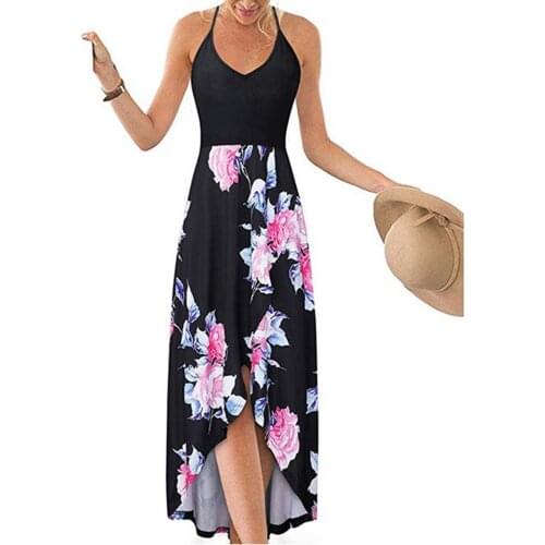 40# Vintage Flora Print Dresses Women Casual Sleeveless Open Back Dresses V-neck Strap Sexy Loose Dress Vestidos Longos De Verao