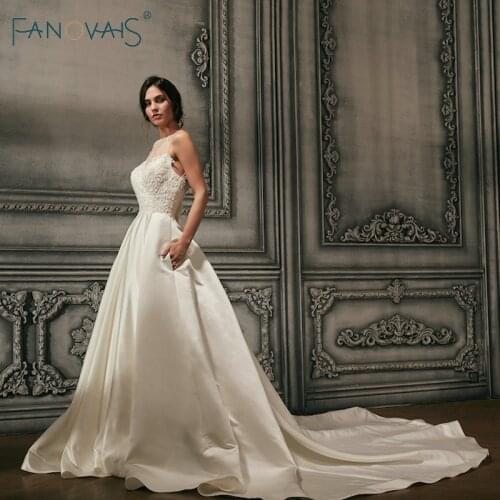 Satin Wedding Dresses 2019 Vintage Beads Illusion Neck Bridal Gowns Long Train Backless Sexy Vestido De Novia Robe De Mariage