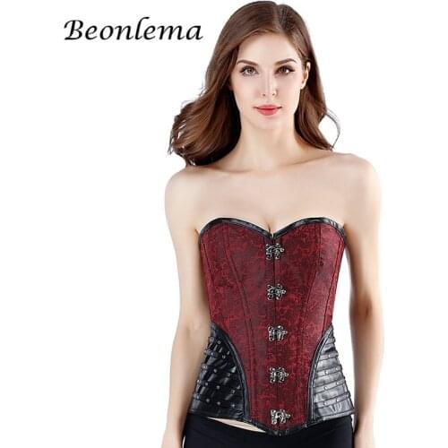 Beonlema Steampunk Red Corset Strapless Sexy Lingerie Bustiers Women Punk Goth Clothes Faux Leather Corsets Tops Vintage Gorset