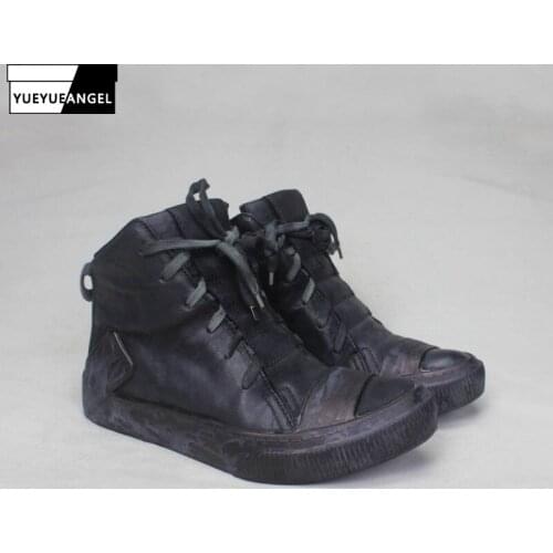 Handmade Cowhide Vintage Ankle Boots Men High Quality Lace Up Work Safety Boots Shoes Genuine Leather High Top Sneakers Flats