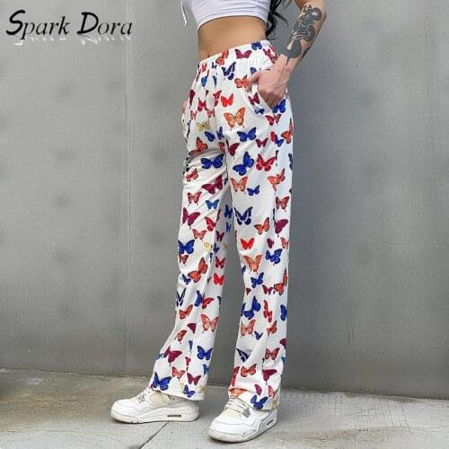 Free Shipping Women Pants New Streetwear Pockets Trousers Women Printed Hit Color Elastic Waist Casual Comfort Butterfly Pants