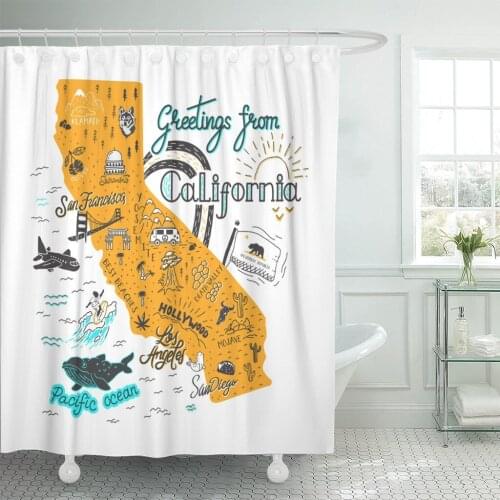 Shower Curtain Flag of California Map with Tourist Attractions Travel San Cartoon Waterproof Polyester Fabric 72 x 72 inches Set